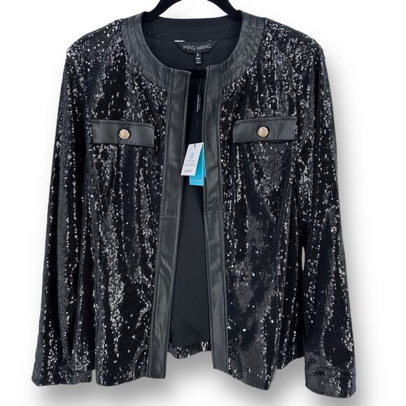 Ming Wang Open Front Black Sequin Jacket Size Small Vegan Leather Trim - Picture 1 of 11